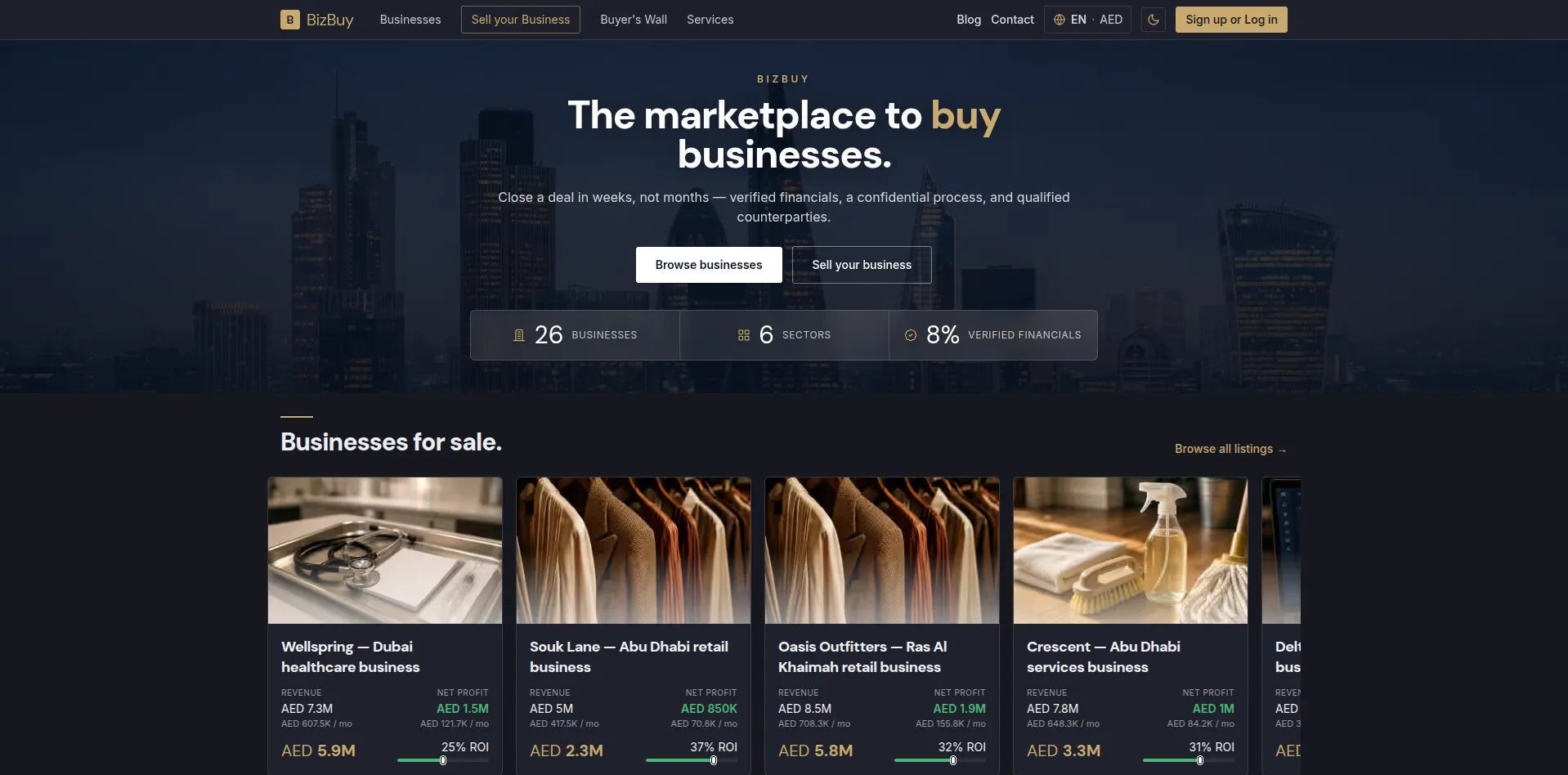 BizBuy marketplace landing page showing business listings with financials