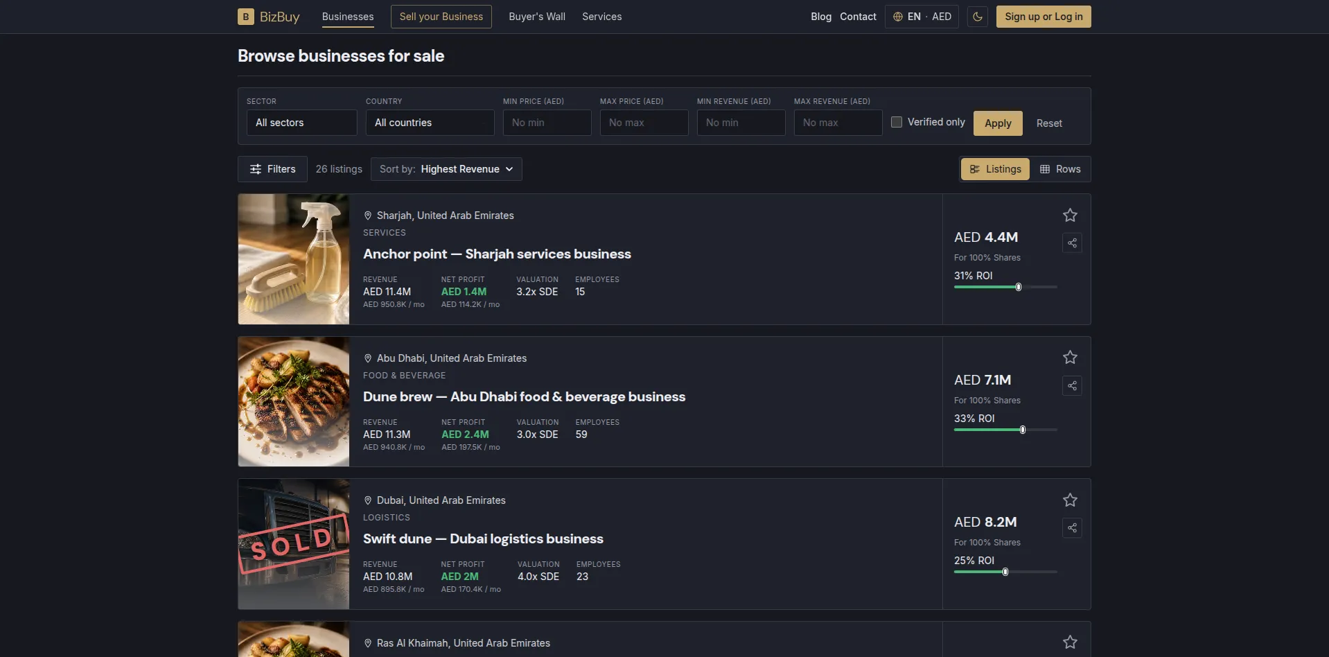 Browse and filter by sector, price and revenue. Sold listings stay on the wall.