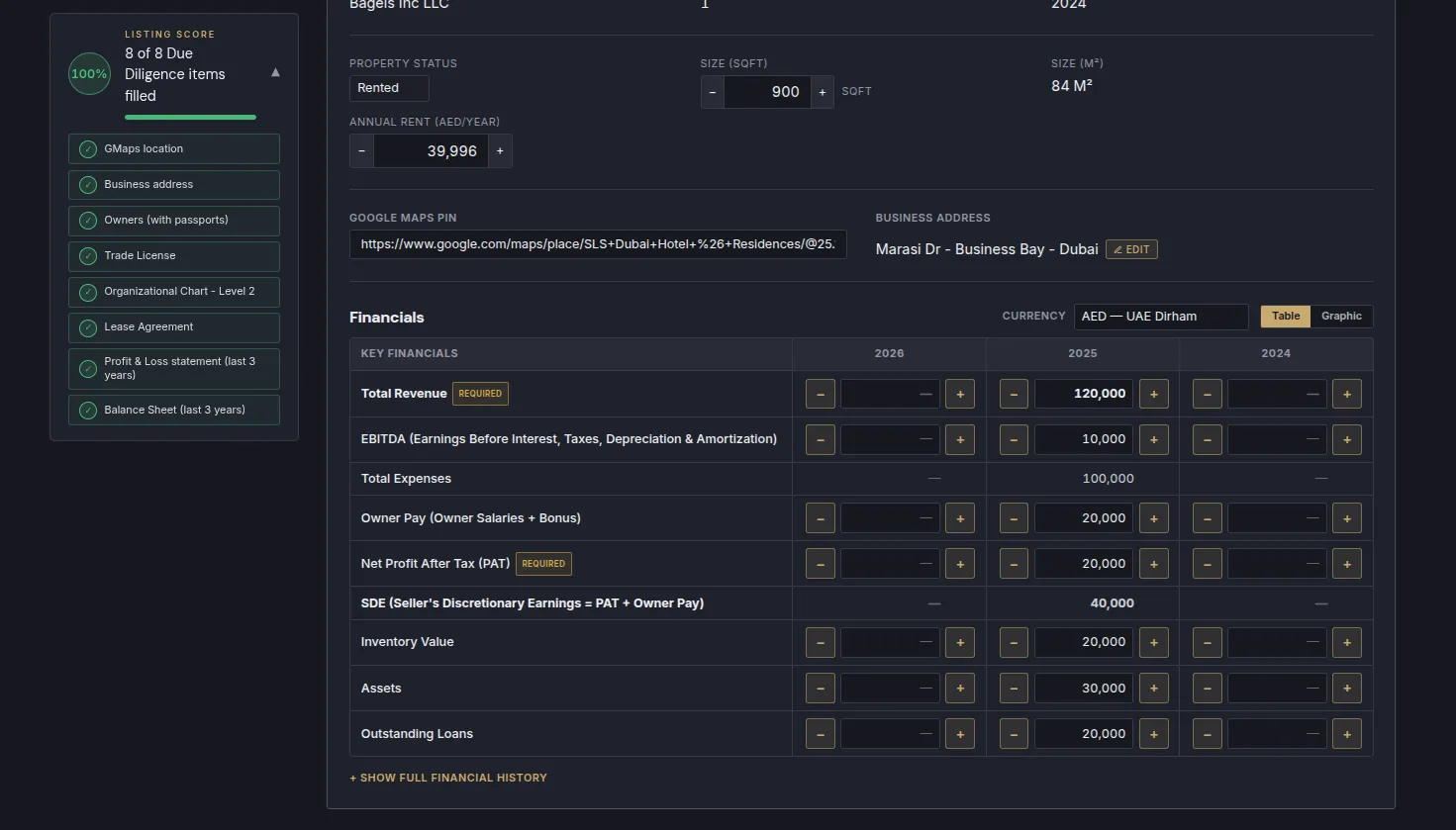 Three years of financials, with seller's discretionary earnings computed automatically.